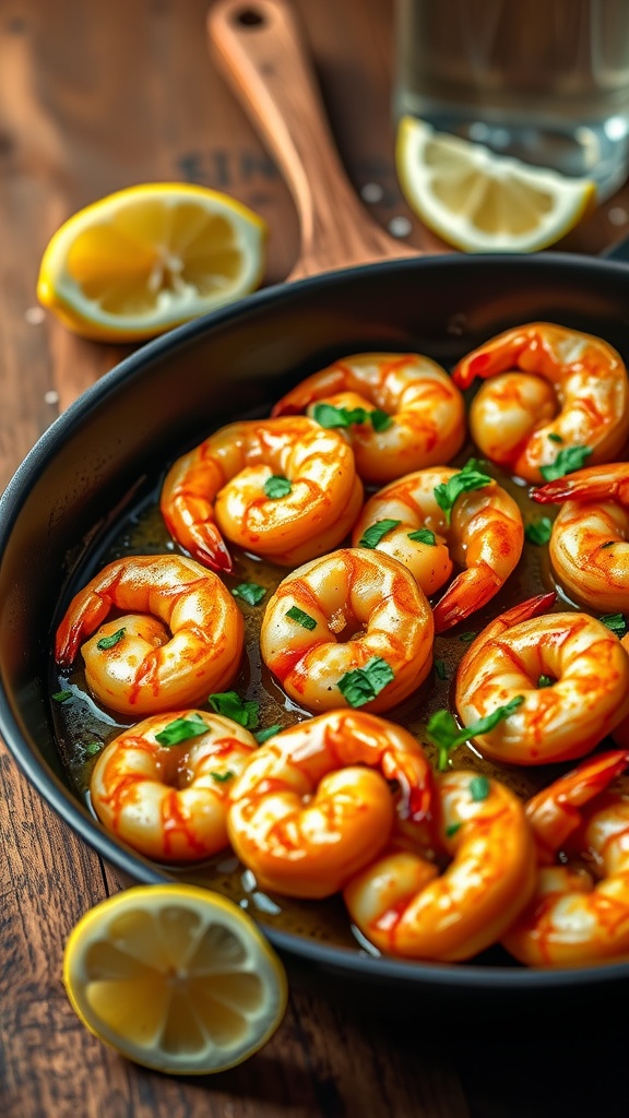 Crispy garlic butter shrimp in a skillet, garnished with parsley and served with lemon wedges.